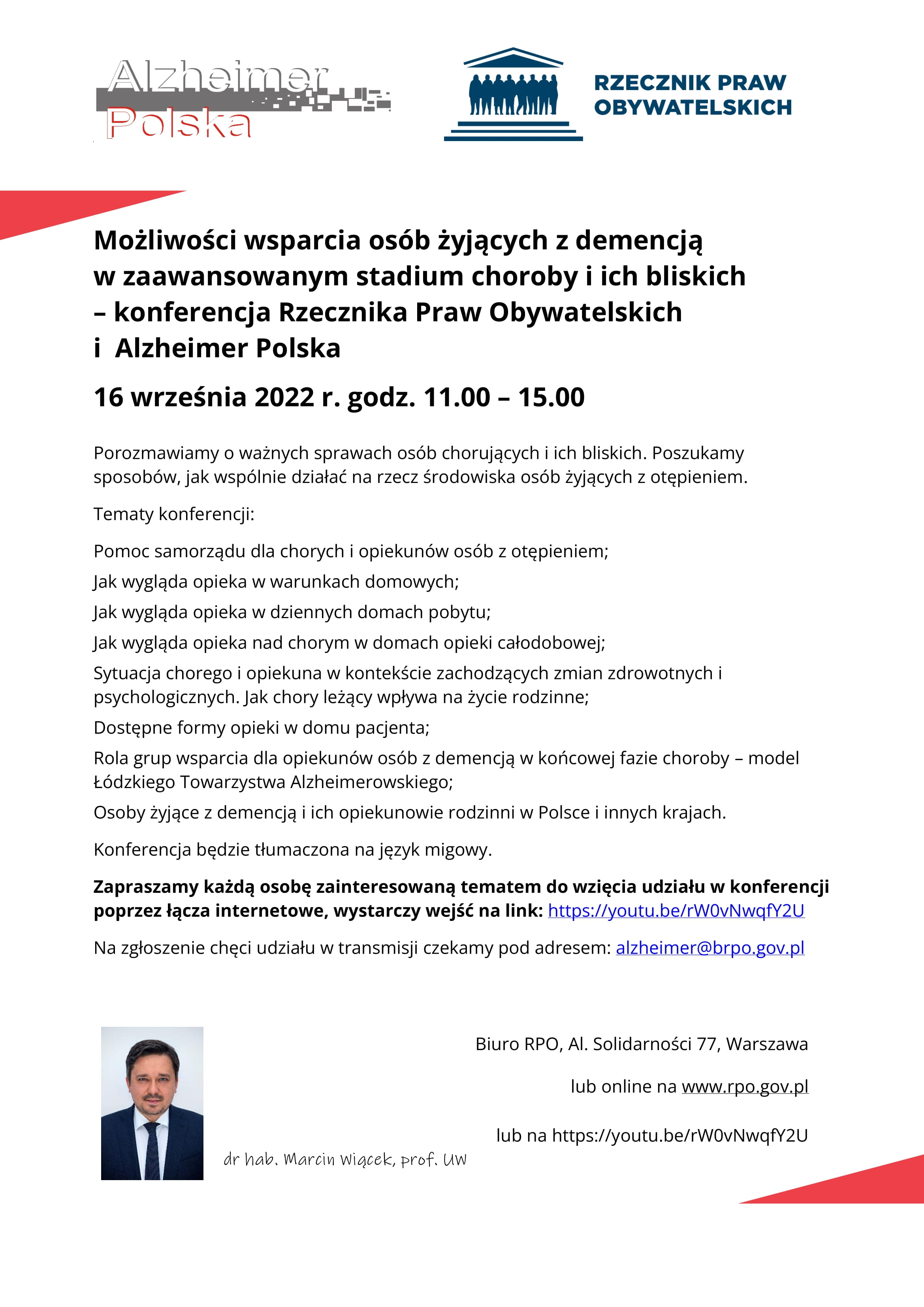 Plakat: Możliwości wsparcia osób żyjących z demencją w zaawansowanym stadium choroby i ich bliskich – konferencja Rzecznika Praw Obywatelskich i Alzheimer Polska